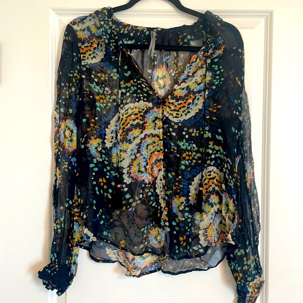 NWOT Anthropologie V-Neck Blouse in Black with Multi-Colored Pattern - Size S